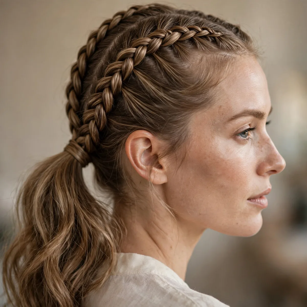 Two braids feeding into a ponytail