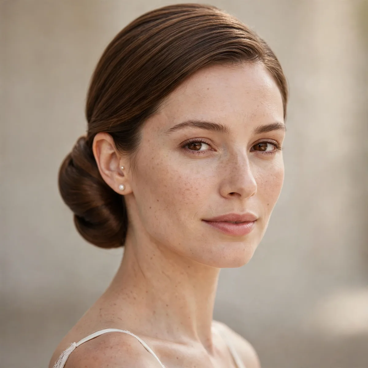 Classic low chignon bridal updo at the nape with elegant smooth finish
