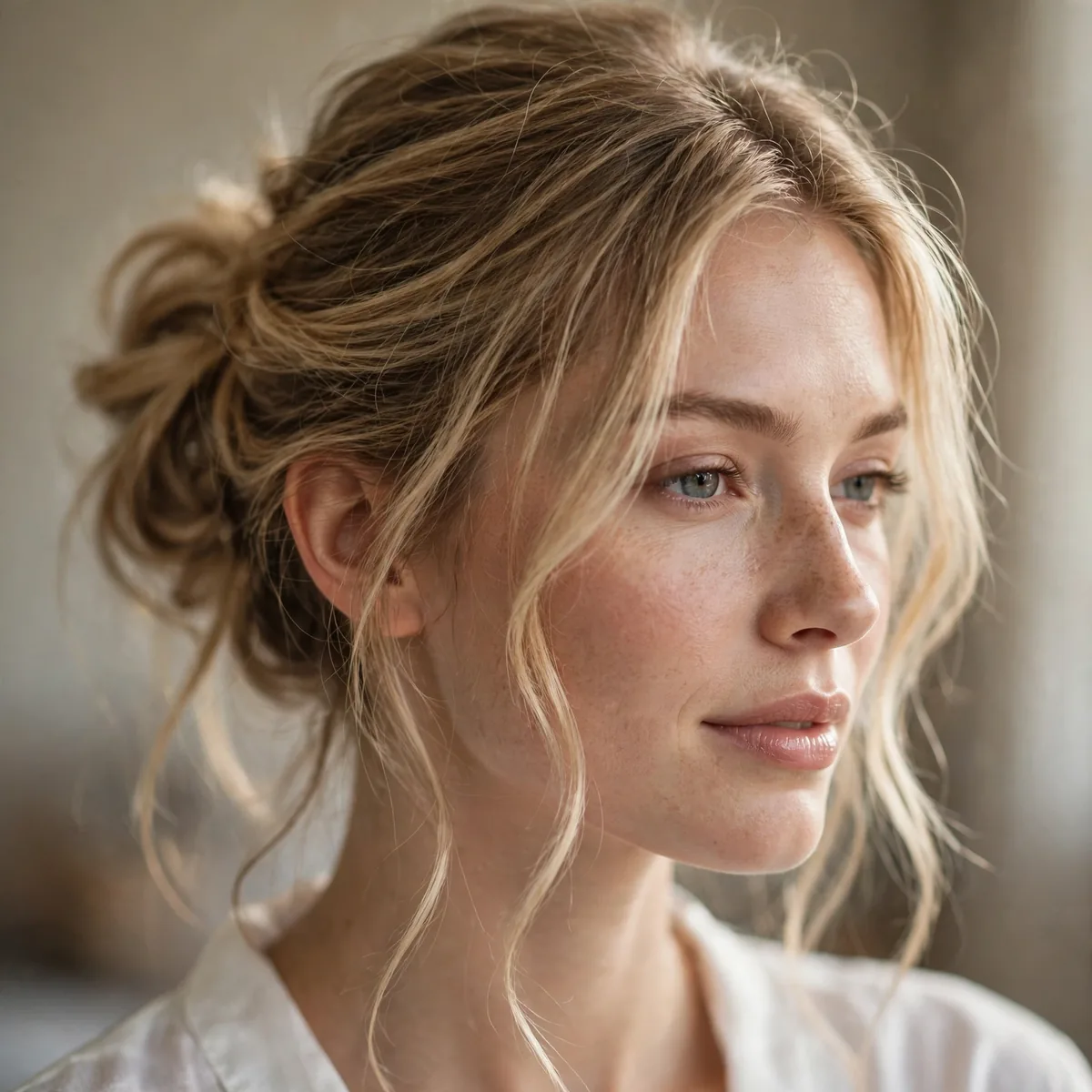 Romantic loose bridal bun with soft falling pieces and dreamy texture