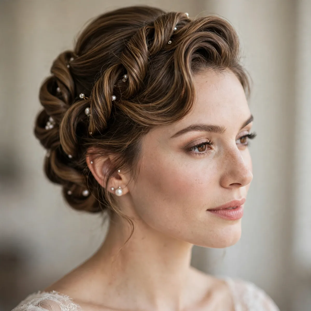 Elegant twisted French twist bridal updo with vintage glamour