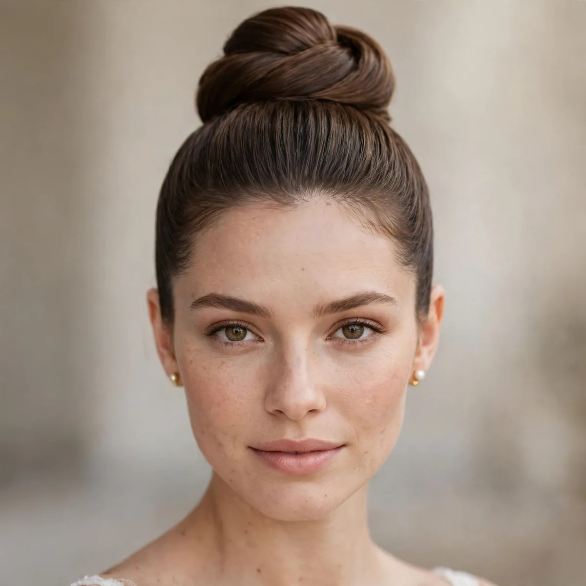 Elegant high bun bridal updo at the crown with polished smooth finish