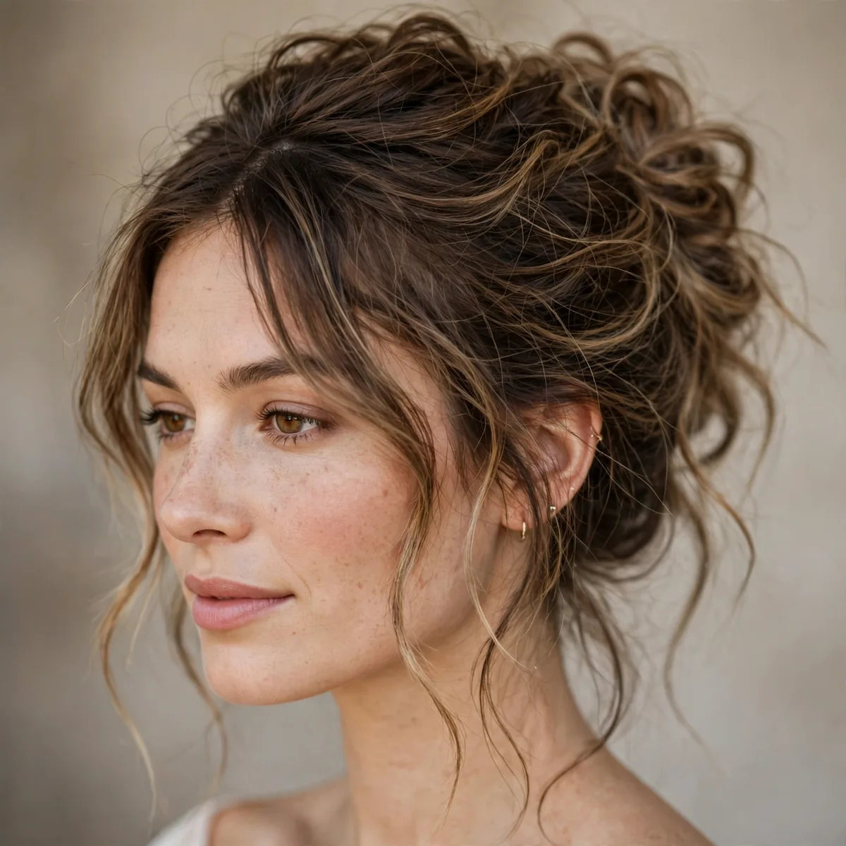 Textured messy bridal updo with piecey layers and effortless romantic finish