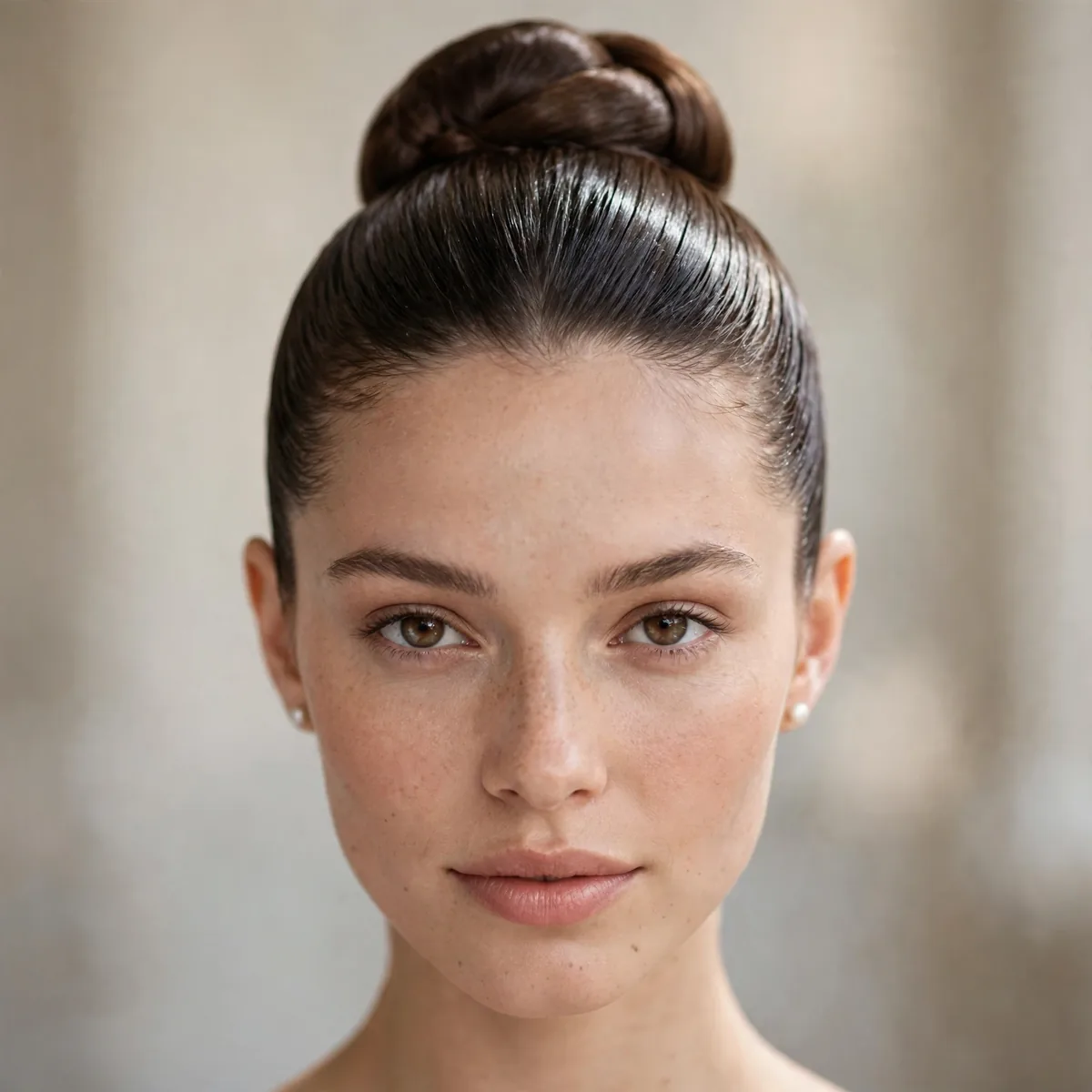 Sleek ballerina bun bridal updo with glass-smooth polished finish