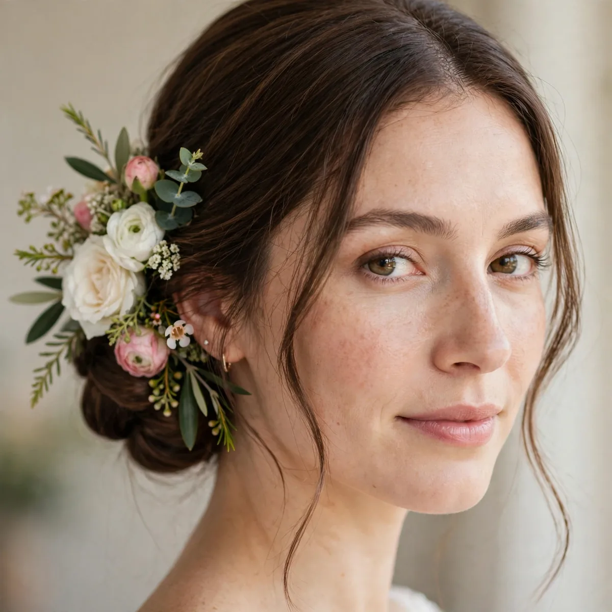 Low bridal bun adorned with fresh flowers and greenery