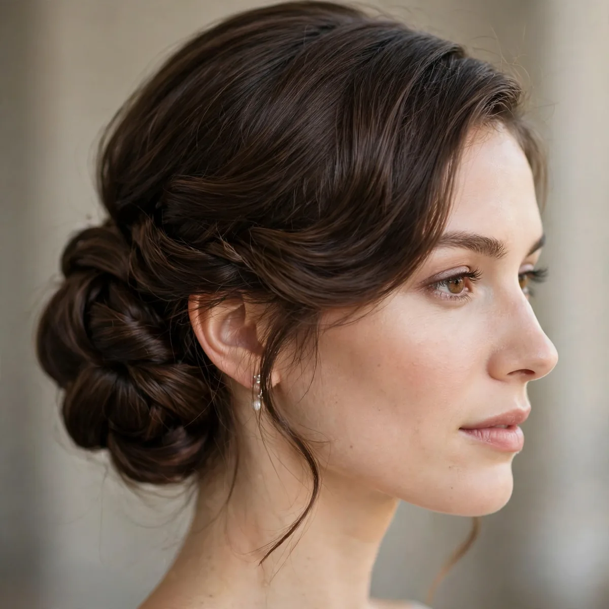 Side-swept chignon bridal updo positioned elegantly to one side