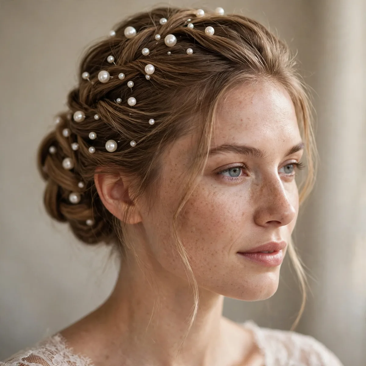 Bridal updo adorned with scattered pearl pins catching the light