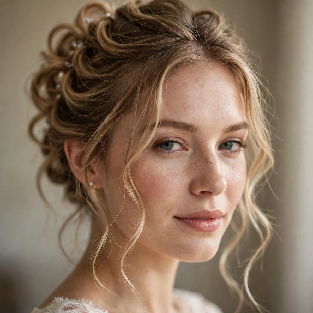 Soft romantic bridal updo with delicate face-framing tendrils