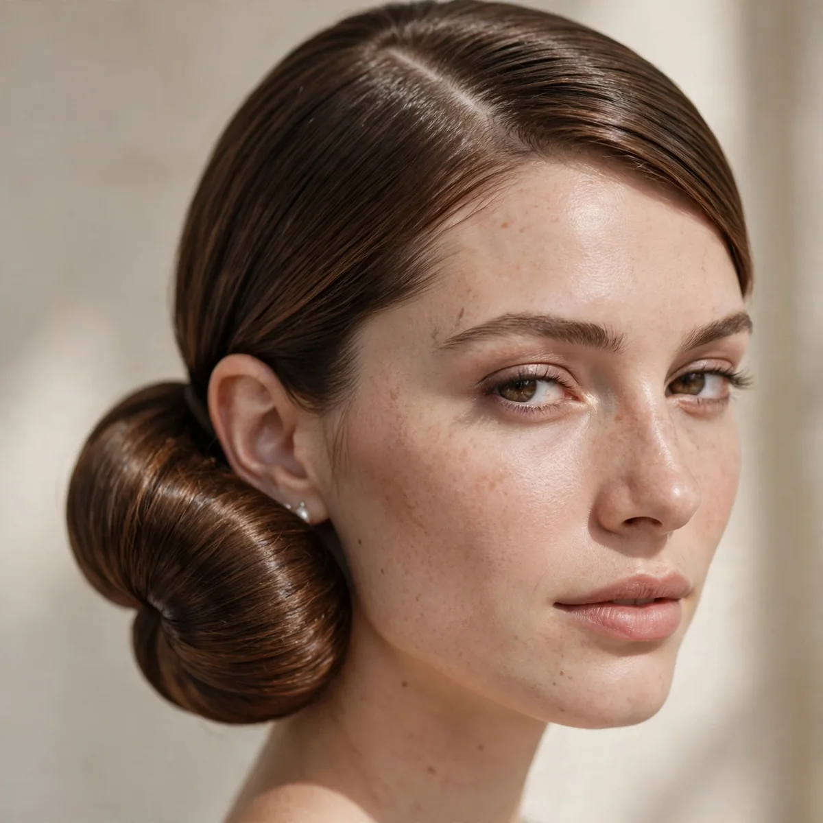 Sculpted low bridal bun with a deep side part and polished finish