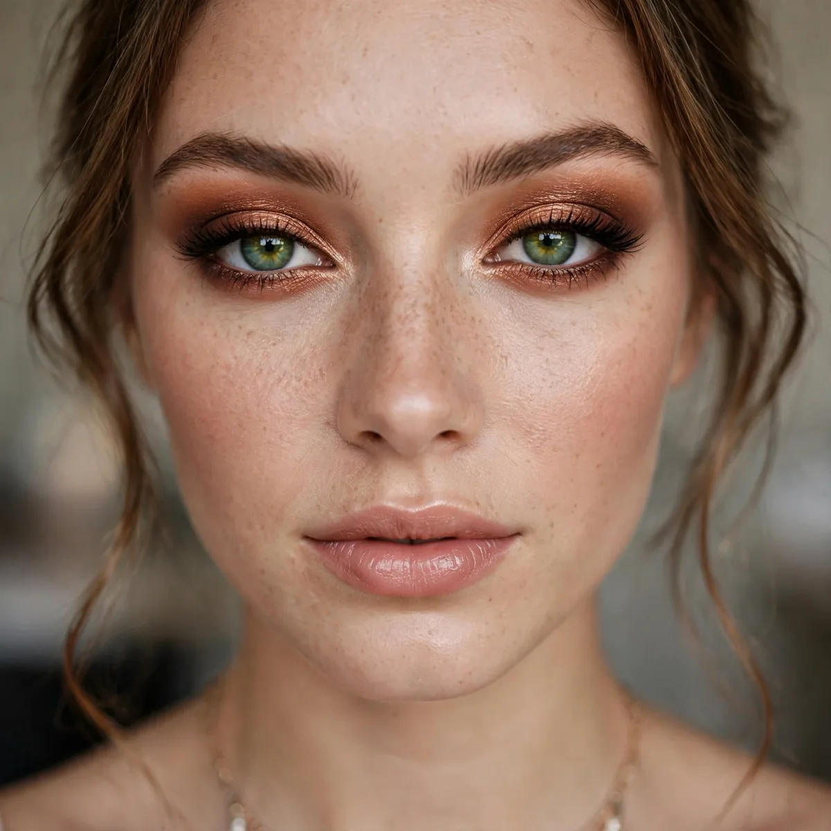 Copper and bronze smoky eye makeup enhancing green eyes for prom