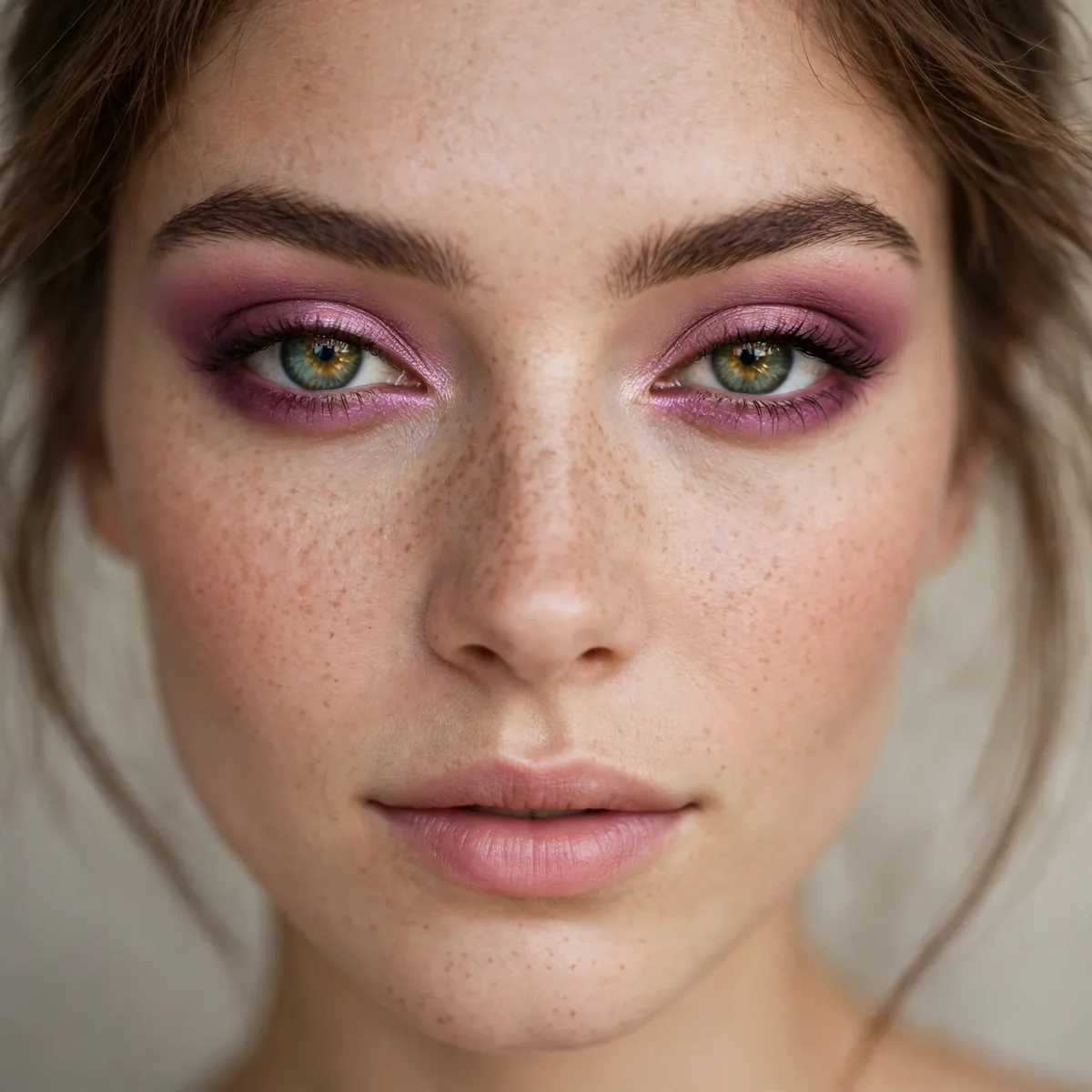 Plum and mauve eyeshadow creating romantic contrast on green eyes