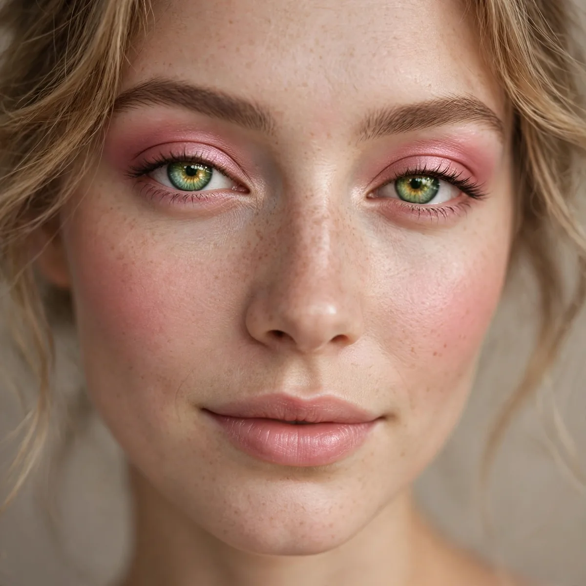 Rosy pink eyeshadow giving green eyes a soft romantic glow