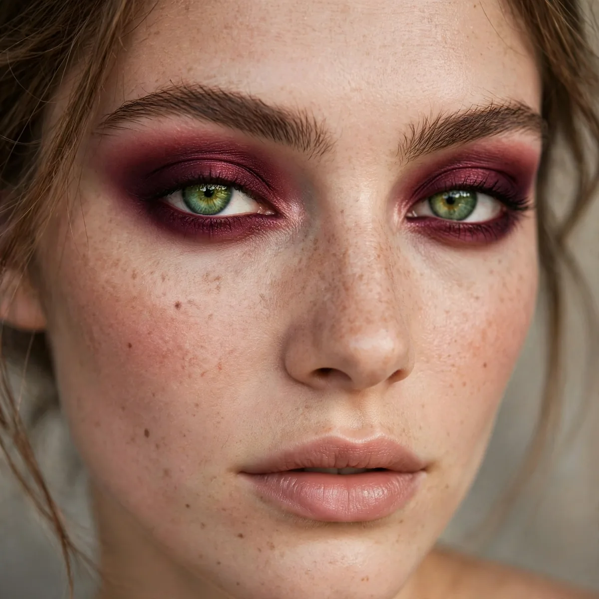 Burgundy wine eyeshadow creating dramatic contrast on green eyes