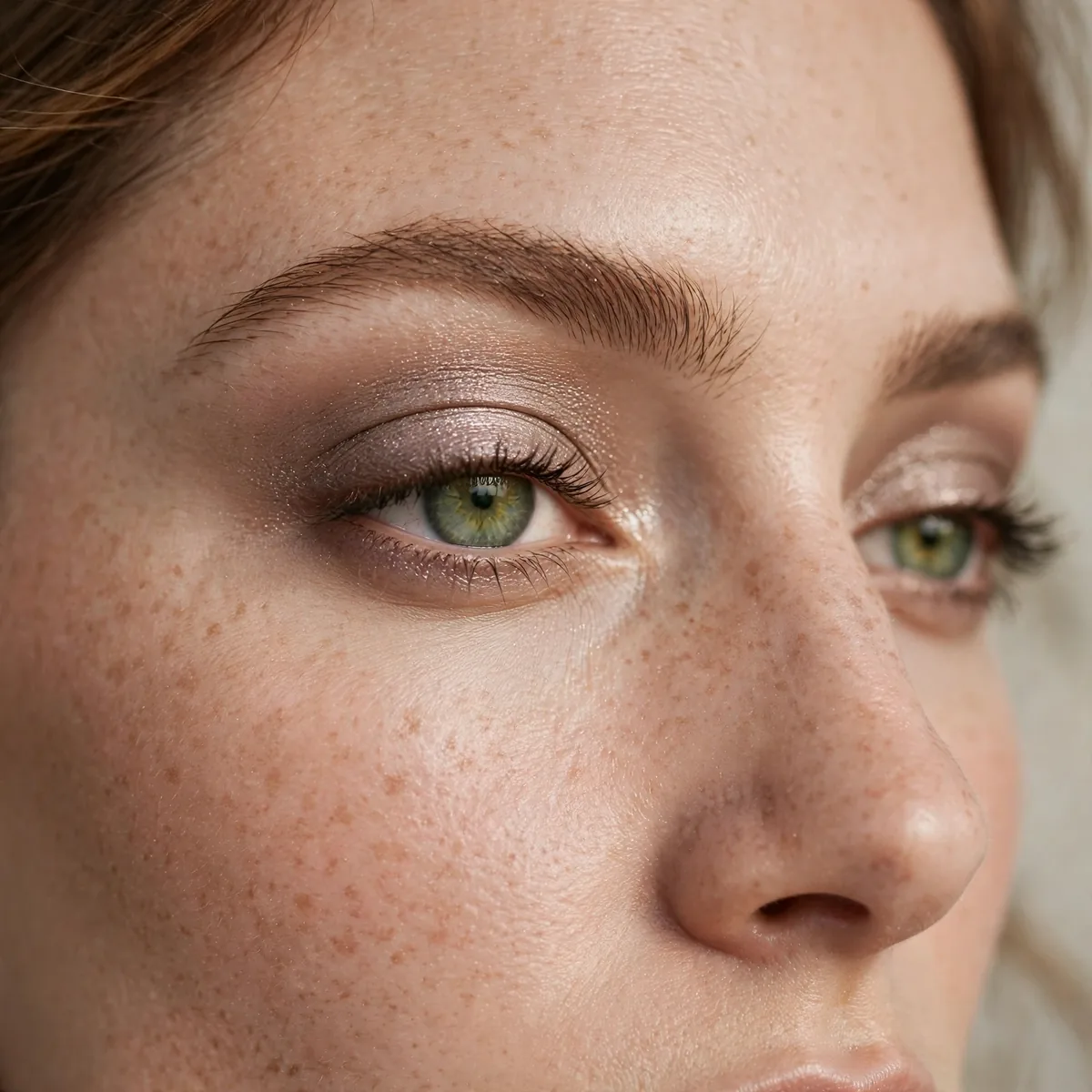 Shimmery taupe eyeshadow defining green eyes with luminous neutral depth