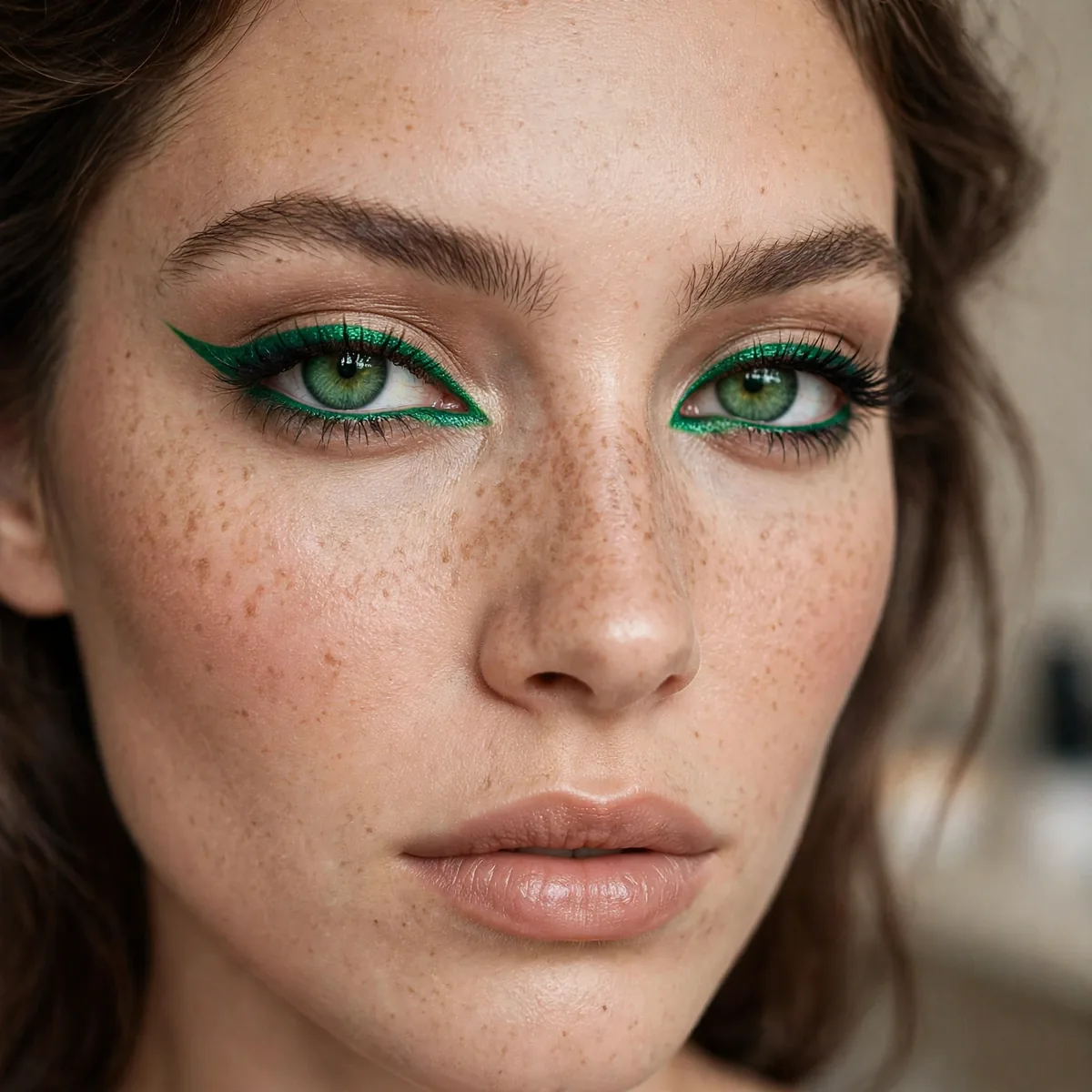 Emerald green eyeliner accent making green eyes pop dramatically