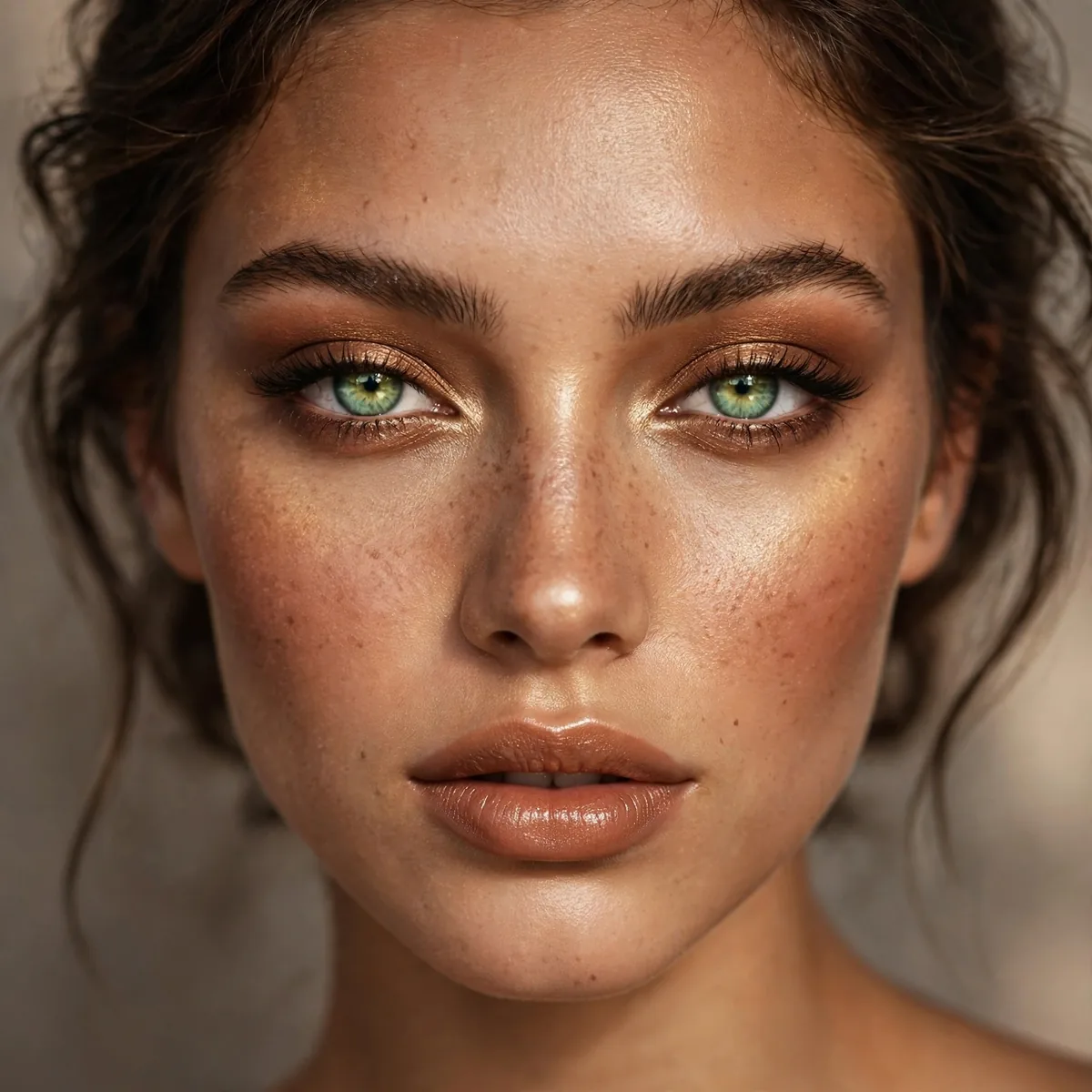 All-over bronze makeup giving green eyes a goddess glow for prom