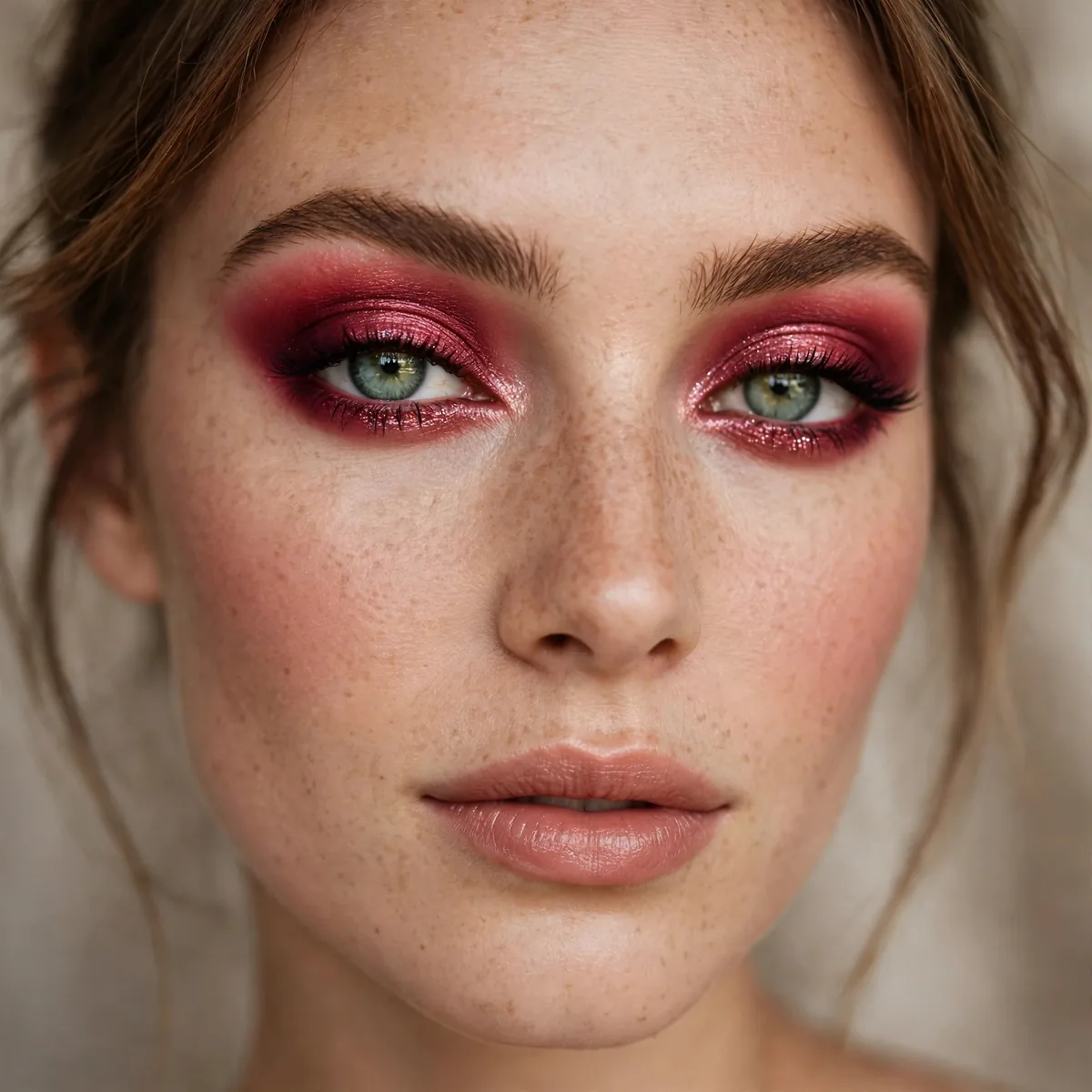 Bold cranberry eyeshadow creating dramatic contrast on green eyes