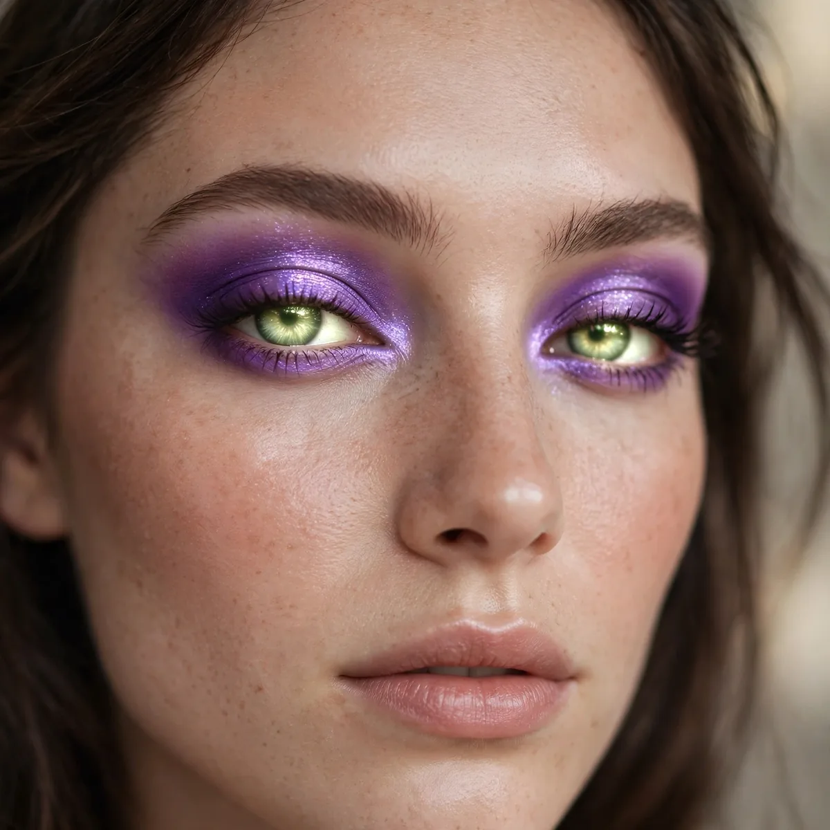 Violet halo eyeshadow making green eyes glow with ethereal light
