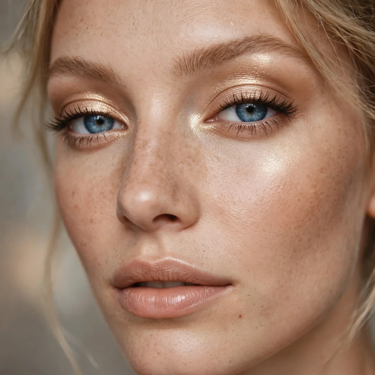 Warm champagne eyeshadow giving blue eyes a soft luminous glow