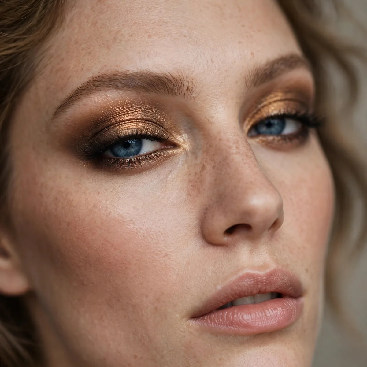 Golden bronze smoky eye adding sultry depth to blue eyes