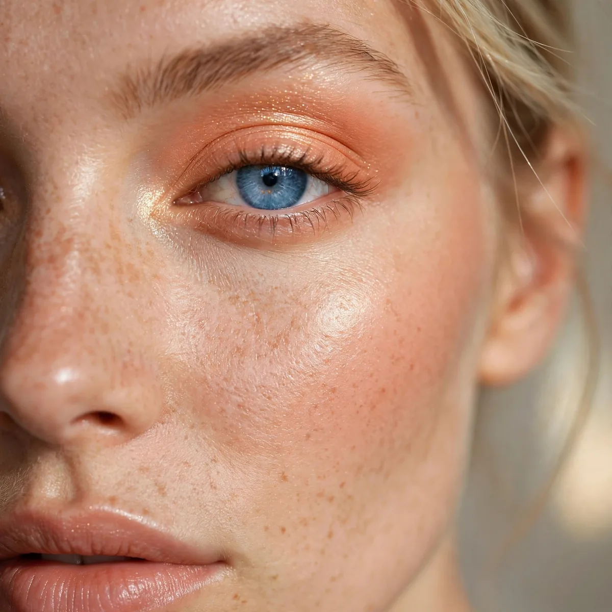 Peach bellini eyeshadow giving blue eyes a fresh vibrant glow
