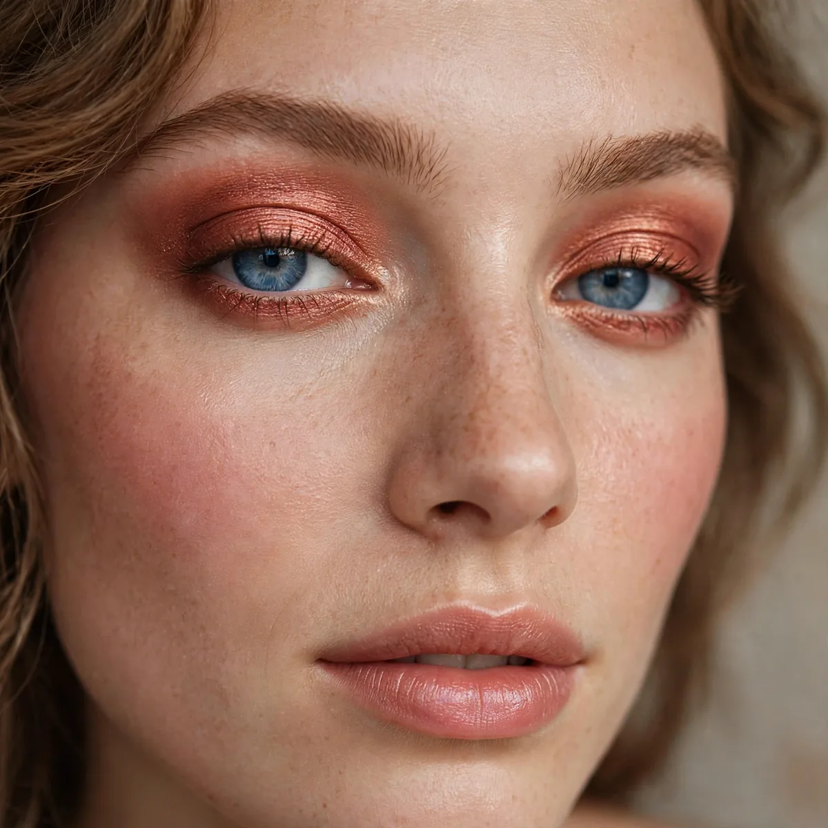 Rosy copper eyeshadow giving blue eyes a romantic warm glow