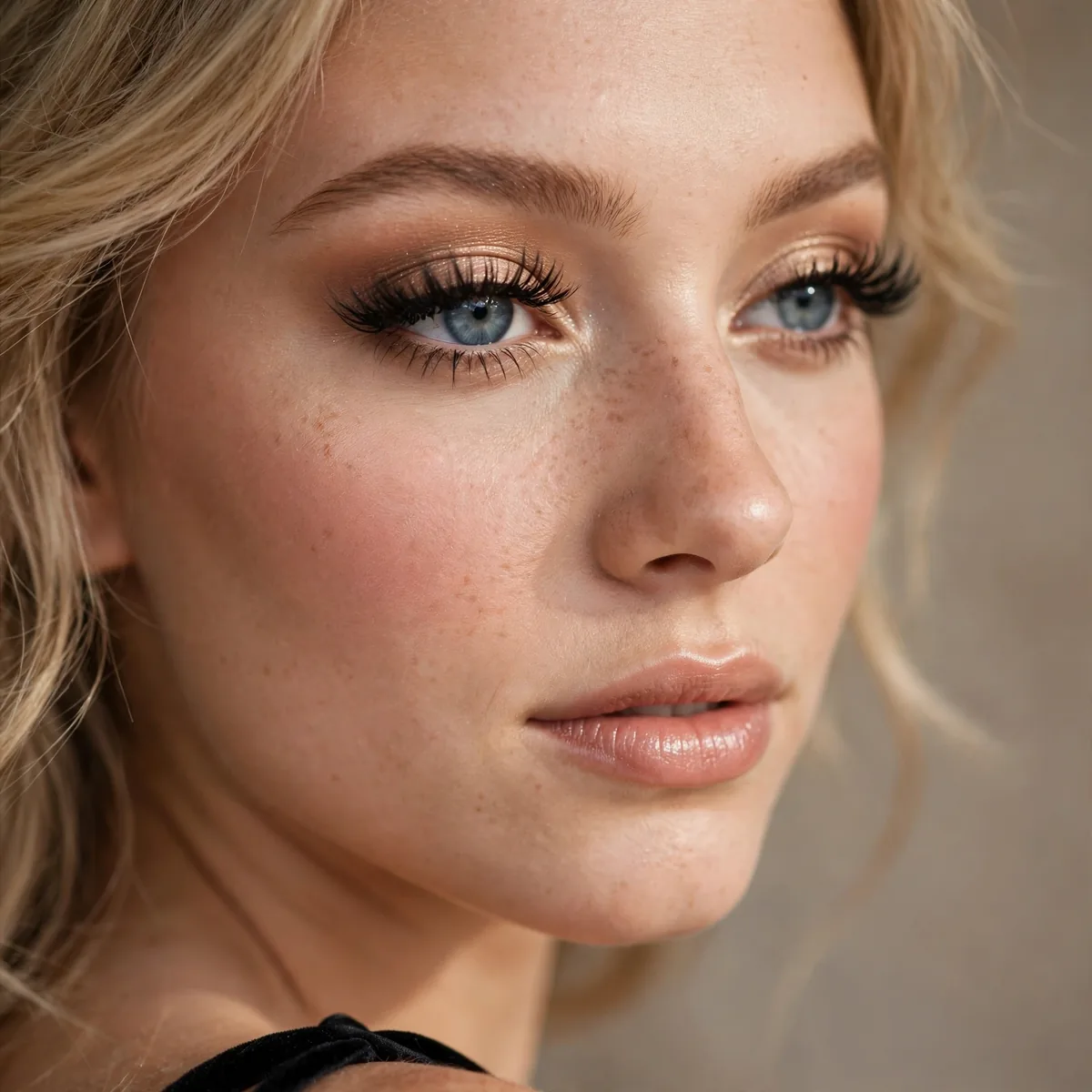 Soft glam makeup with dramatic lashes enhancing blue eyes for prom