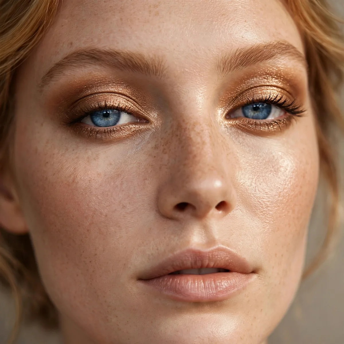 Honey bronze eyeshadow giving blue eyes a warm radiant glow