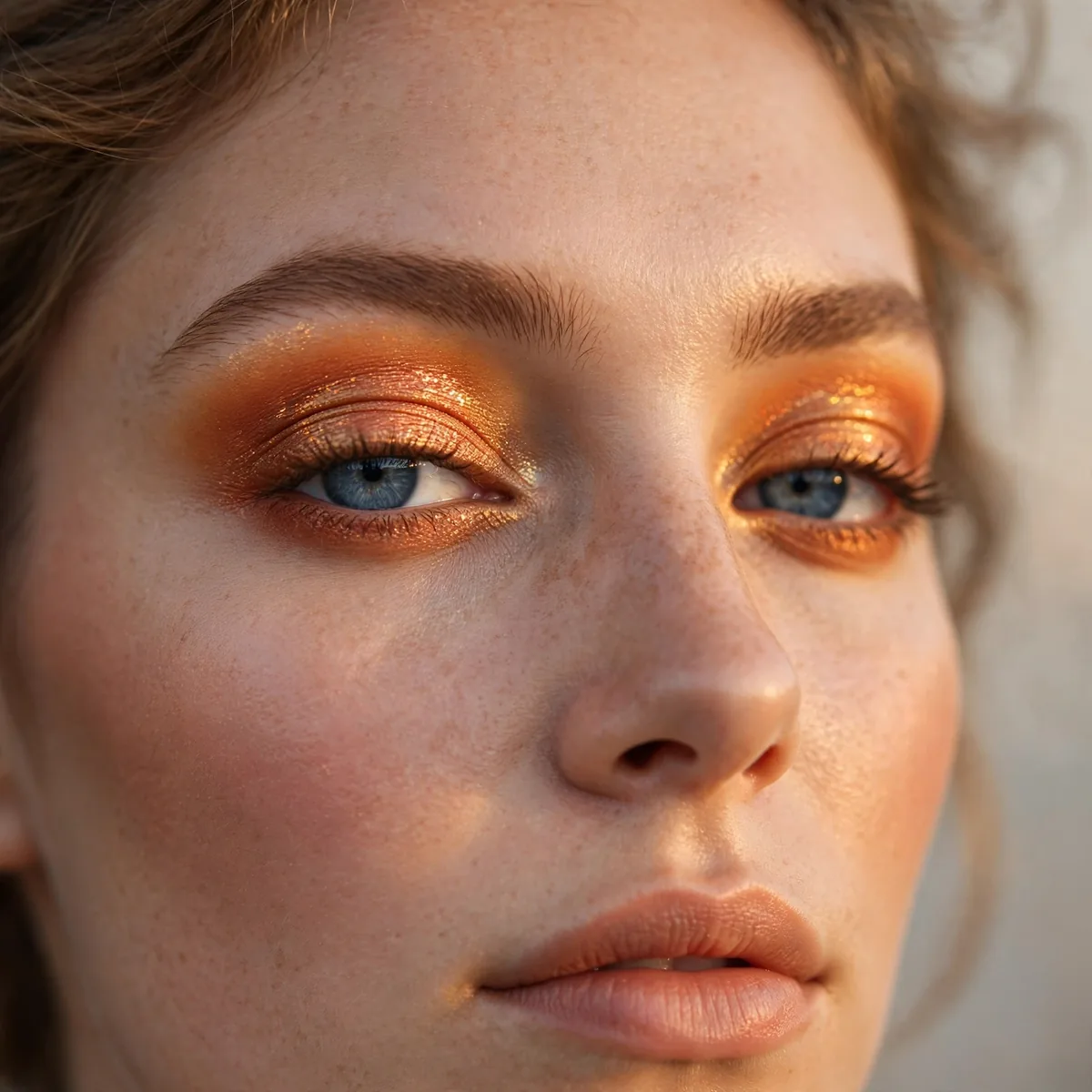 Sunset shimmer eyeshadow warming blue eyes with golden orange tones