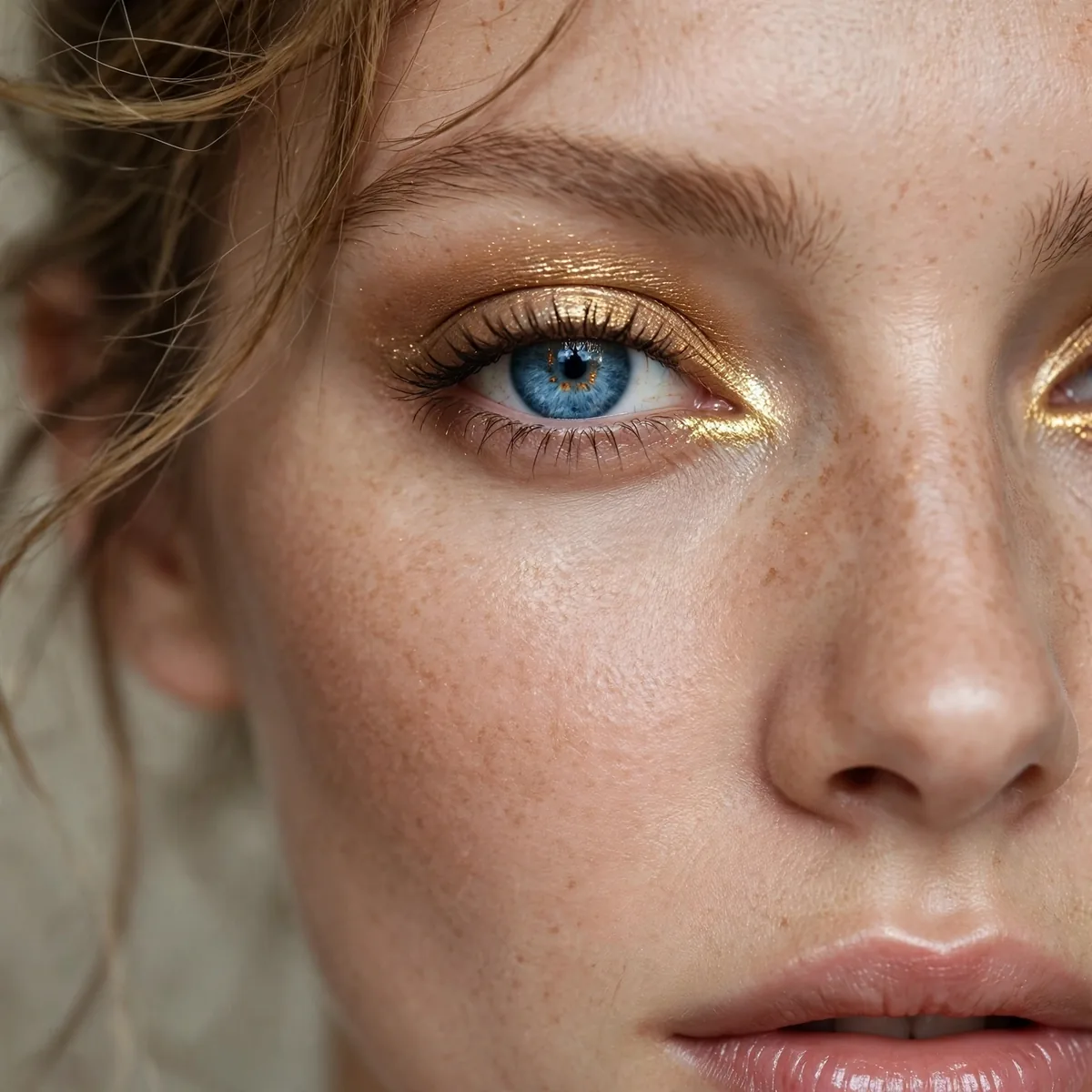 Gilded gold inner corner highlight making blue eyes pop brightly