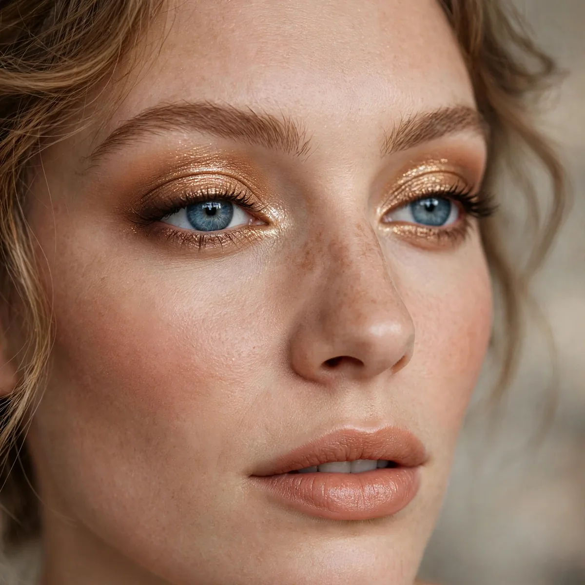 Toffee shimmer eyeshadow giving blue eyes a sweet warm glow