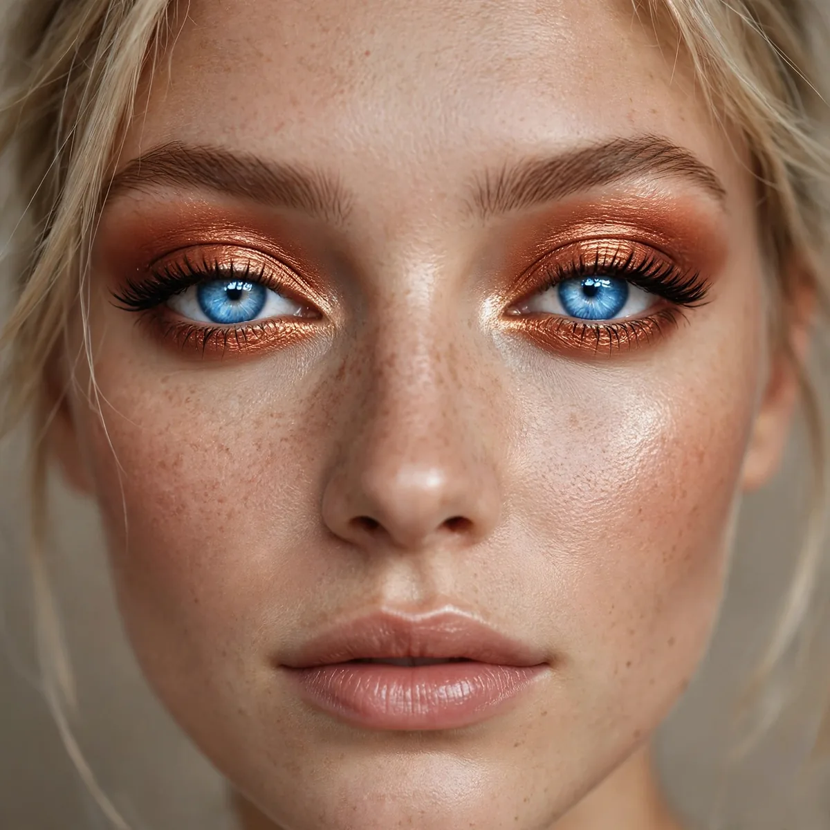 Radiant copper eyeshadow lids making blue eyes glow dramatically