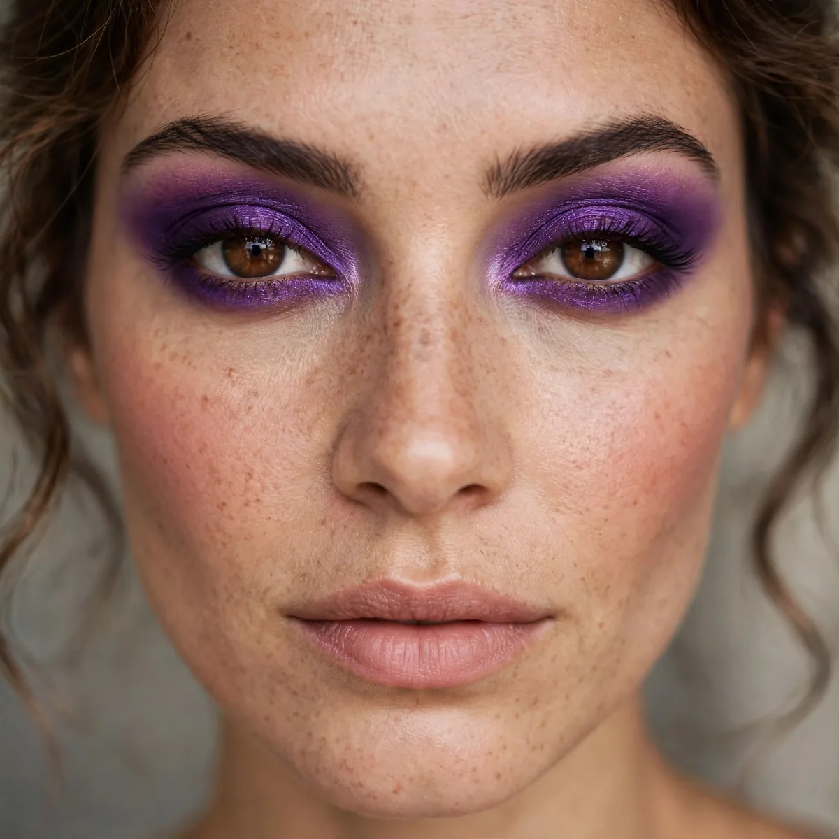 Rich purple eyeshadow creating passionate contrast on brown eyes