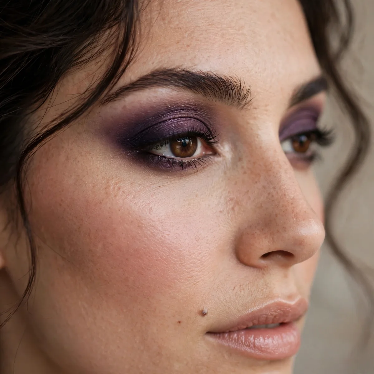 Elegant eggplant eyeshadow giving brown eyes sophisticated depth