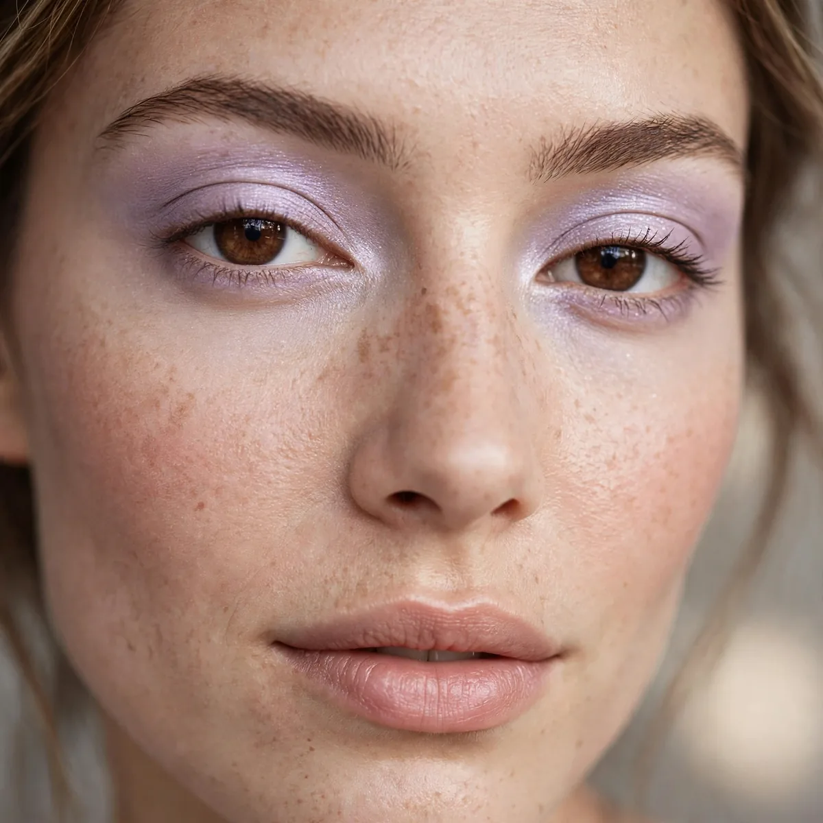 Soft lavender mist eyeshadow giving brown eyes a dreamy glow