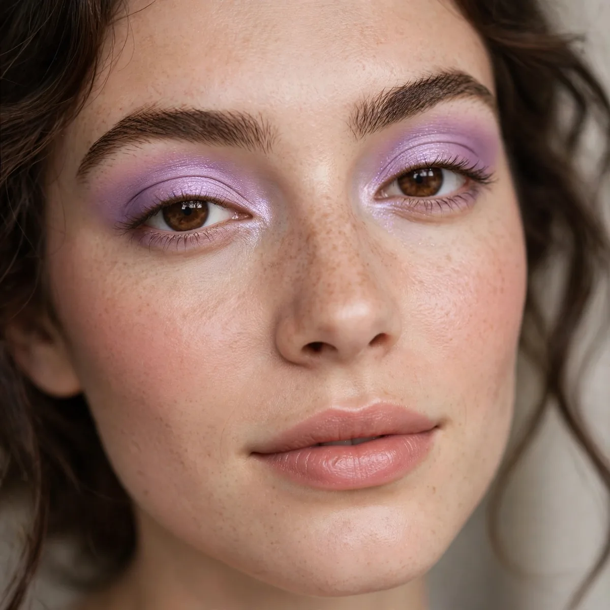Sweet lilac eyeshadow giving brown eyes a lovely soft glow