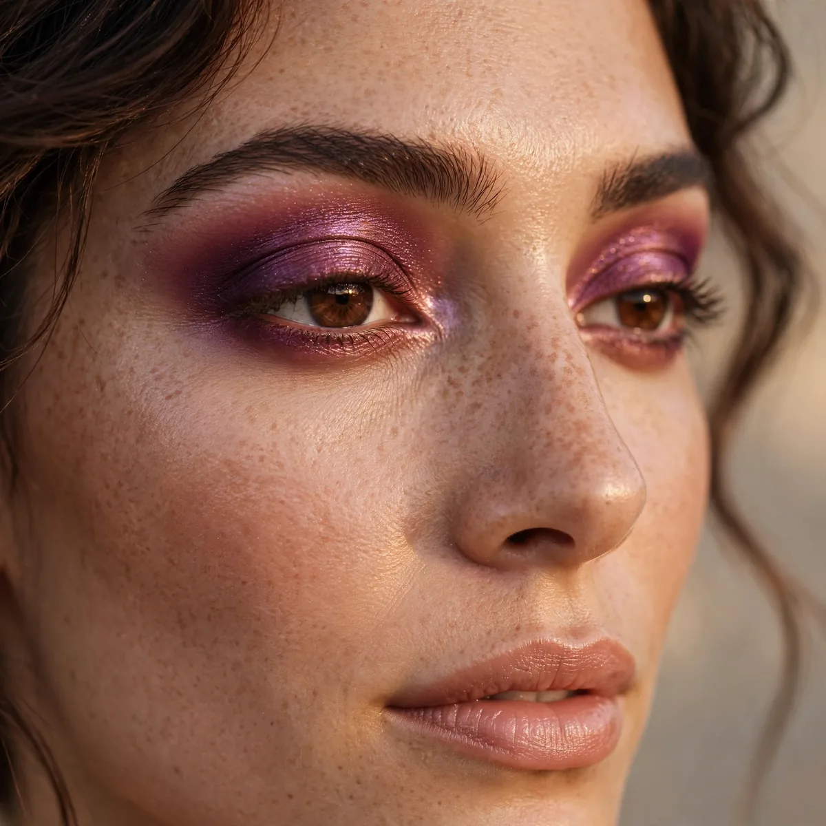 Glowing plum wine eyeshadow giving brown eyes rich warmth