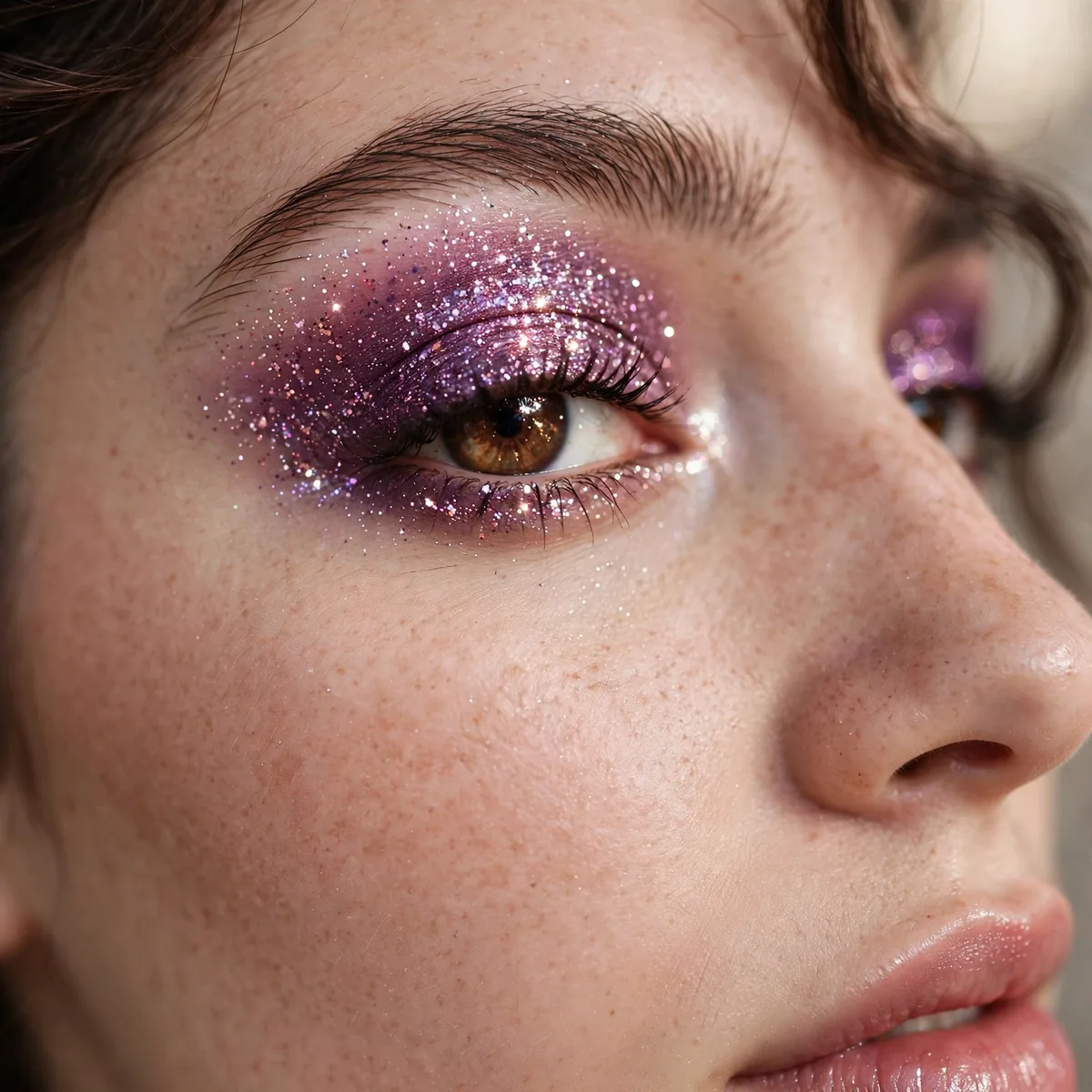 Sparkling sugar plum eyeshadow making brown eyes glitter for prom