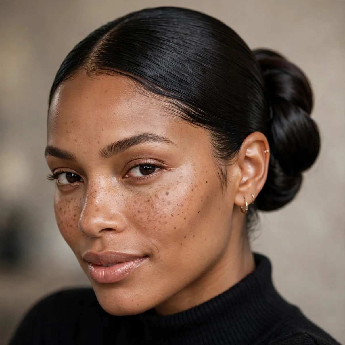 Silk-pressed hair in a wrapped bun