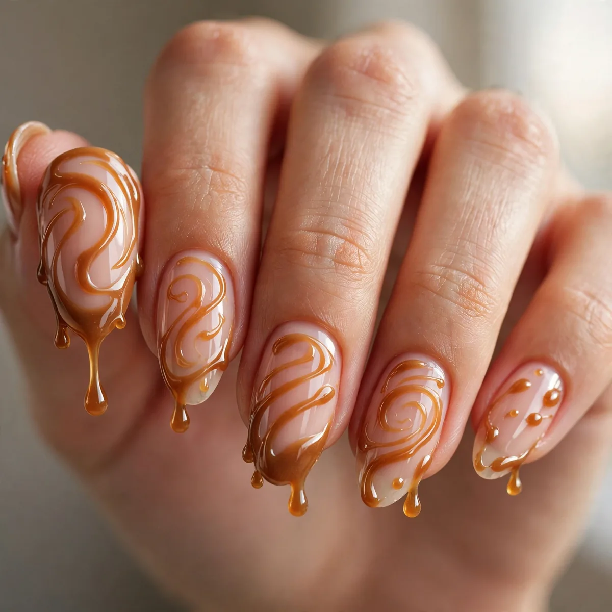 Caramel drizzle nail art design