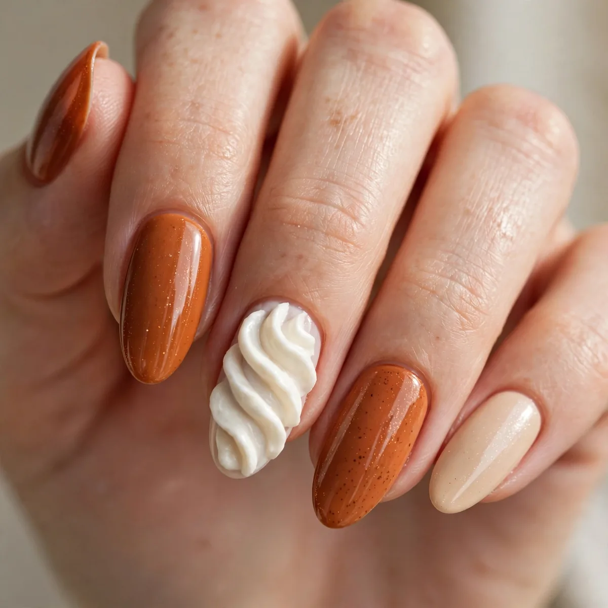 Cream accent pumpkin spice nails