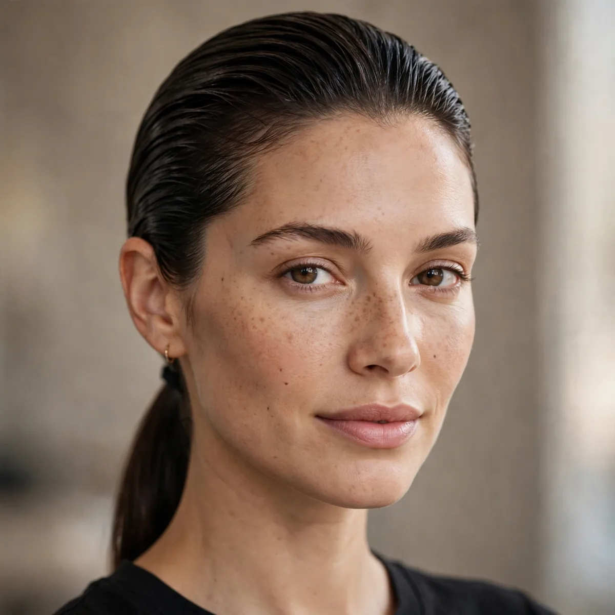 Slicked-back low ponytail