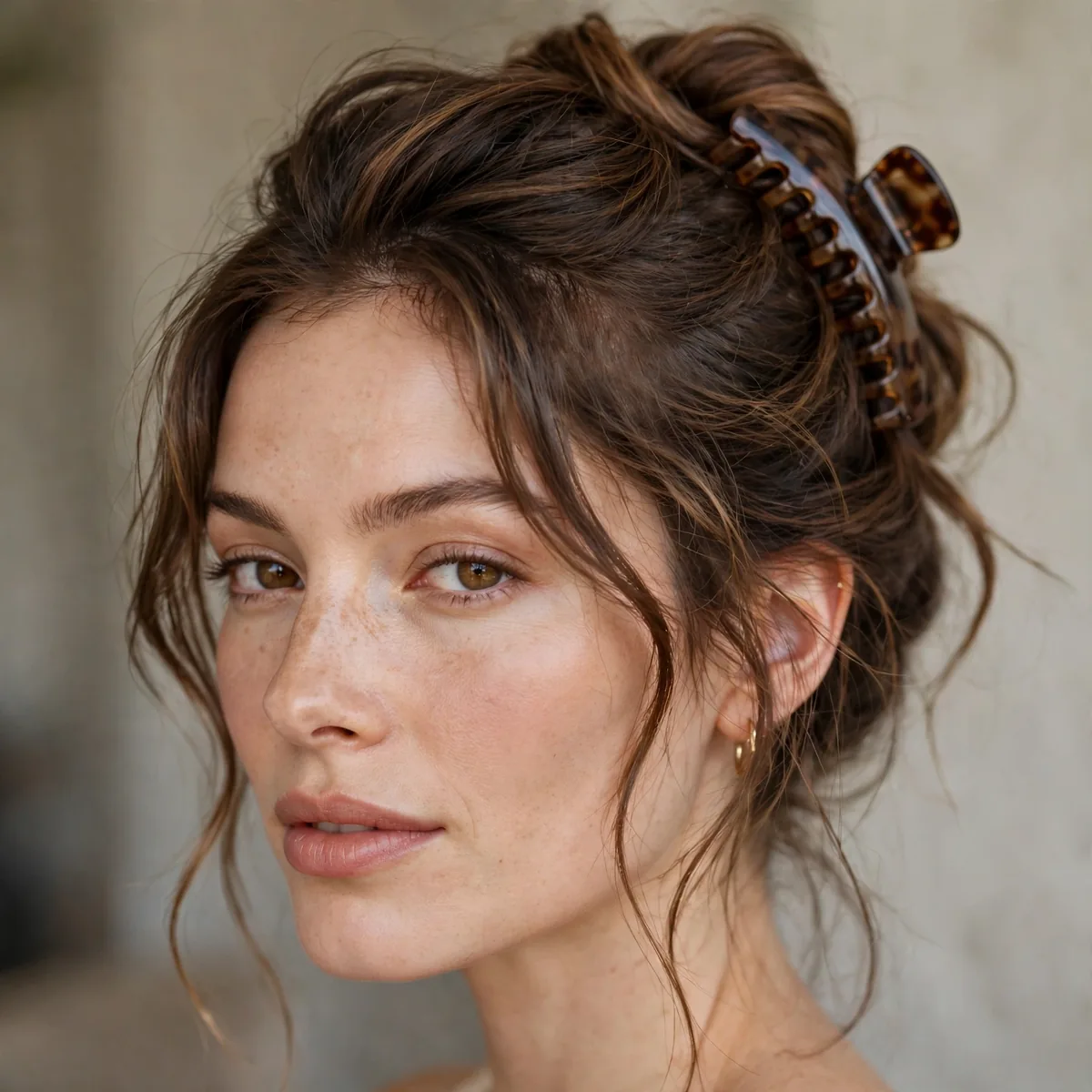 Hair twisted up with a claw clip