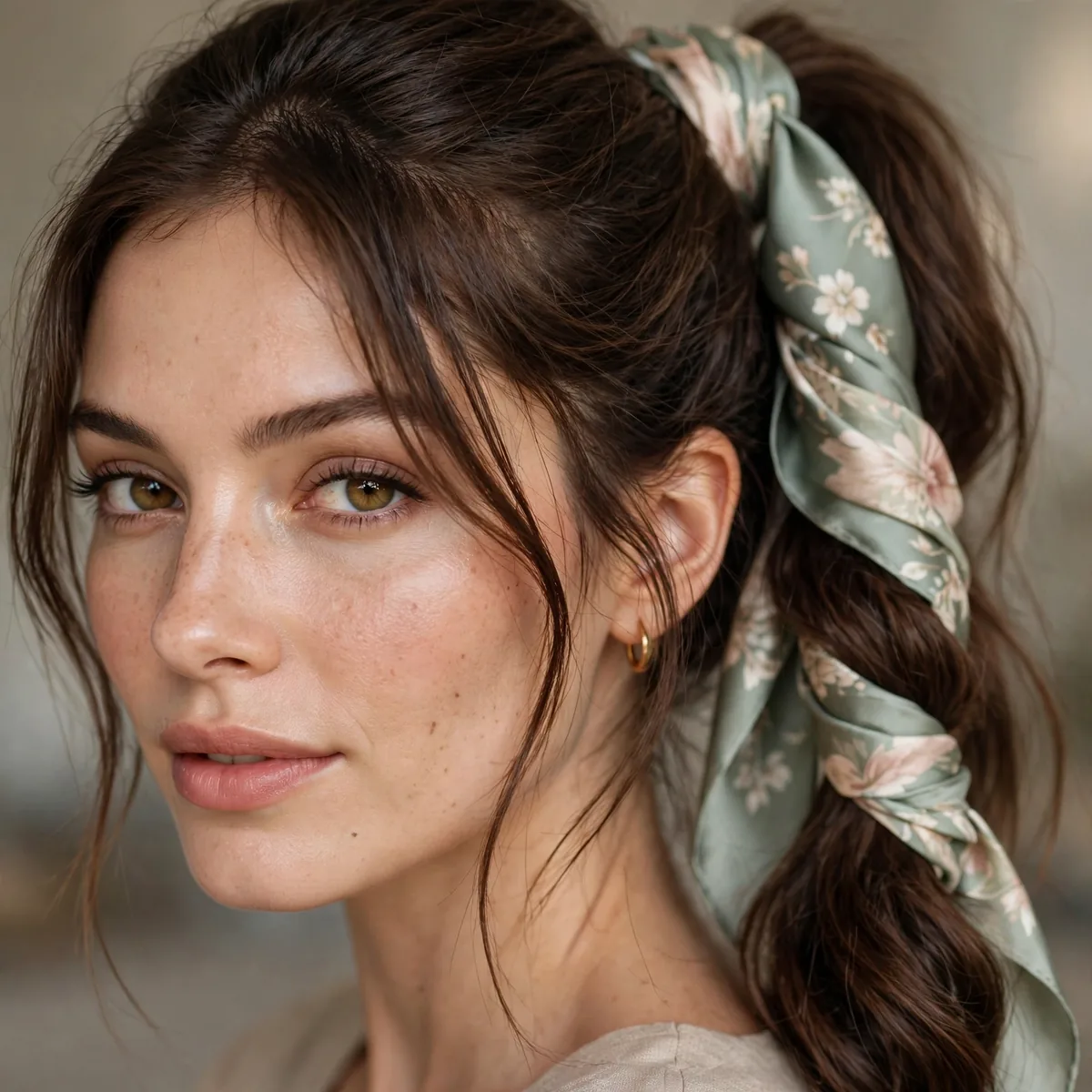 Ponytail wrapped with a silk scarf