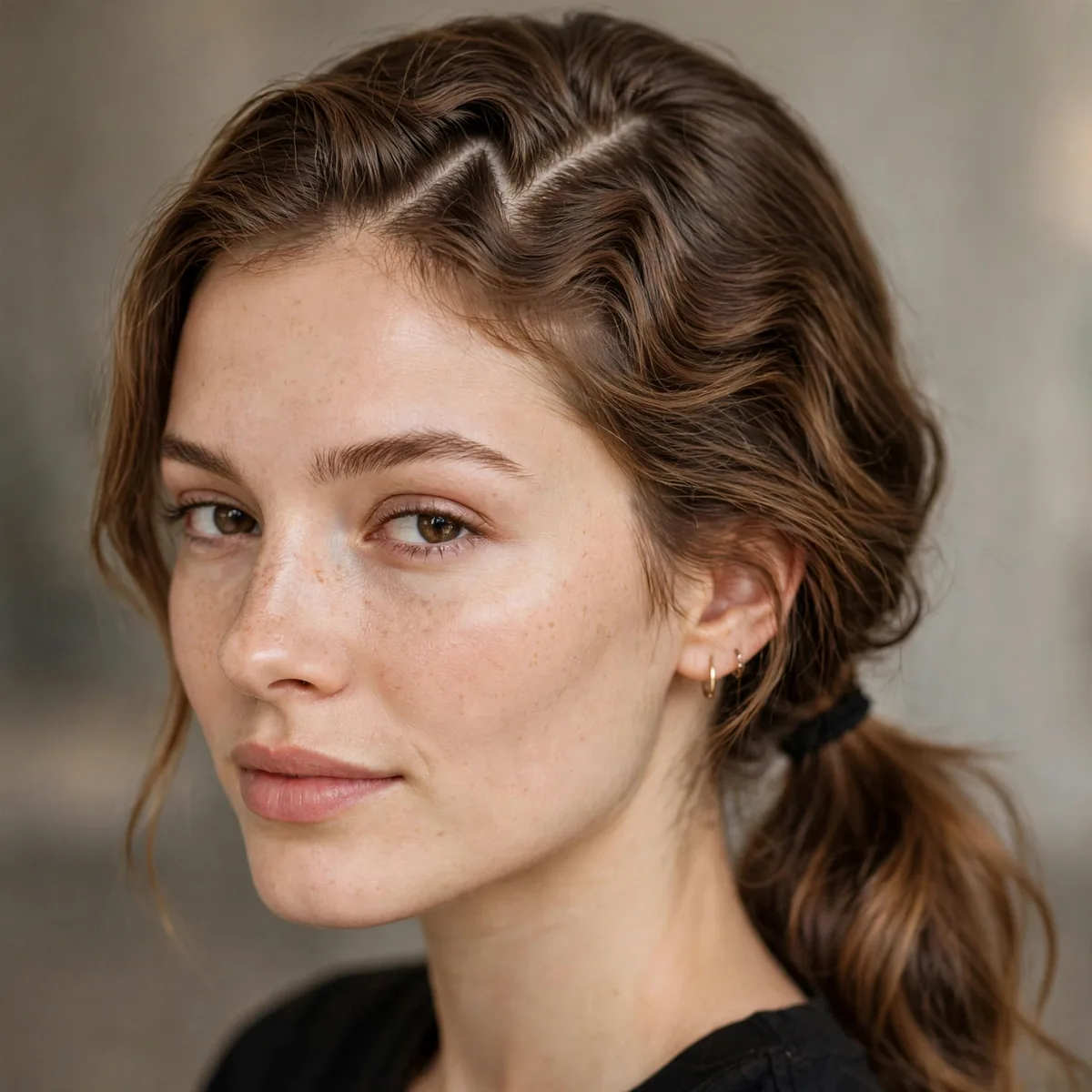 Zigzag part with low ponytail