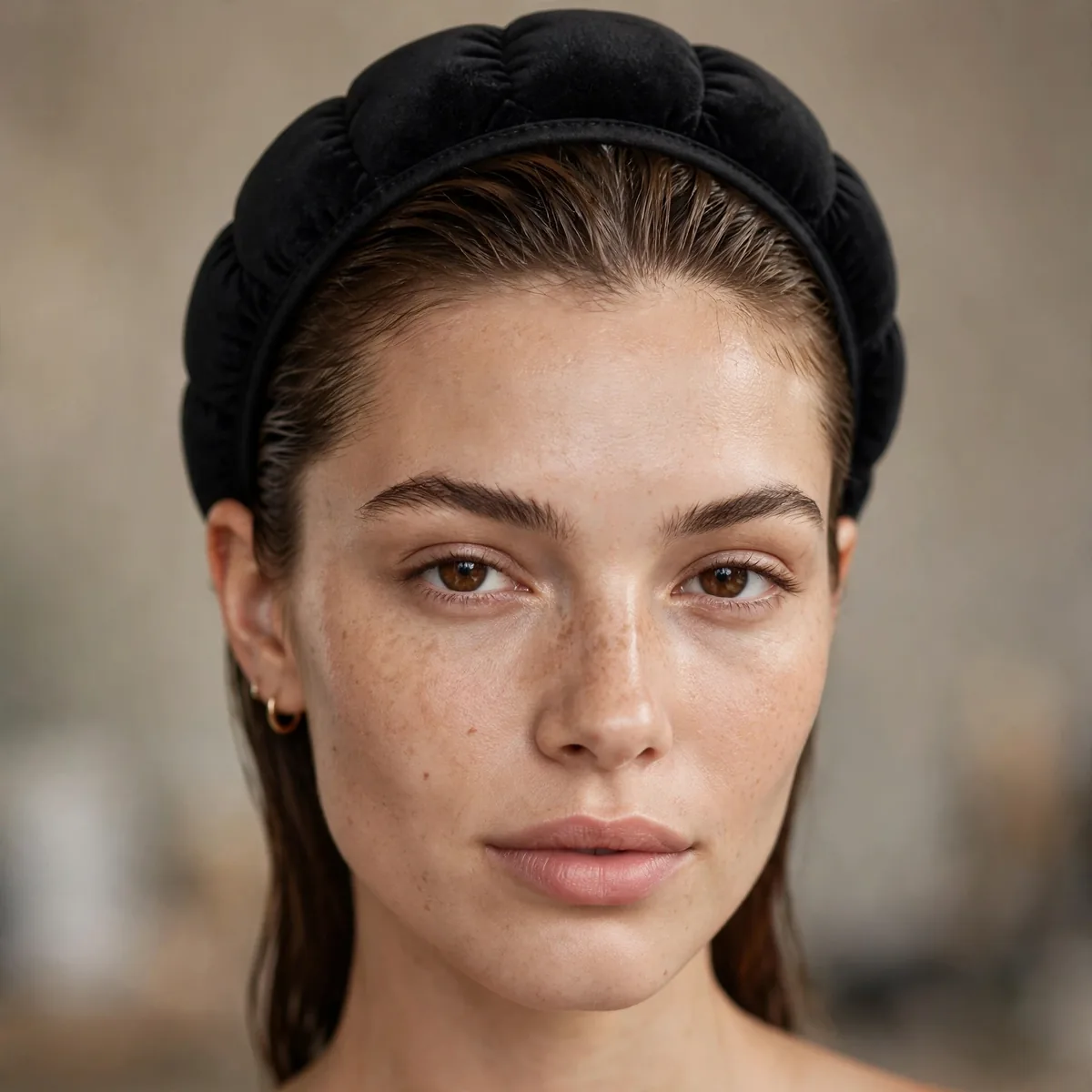 Slicked-back hair with padded headband