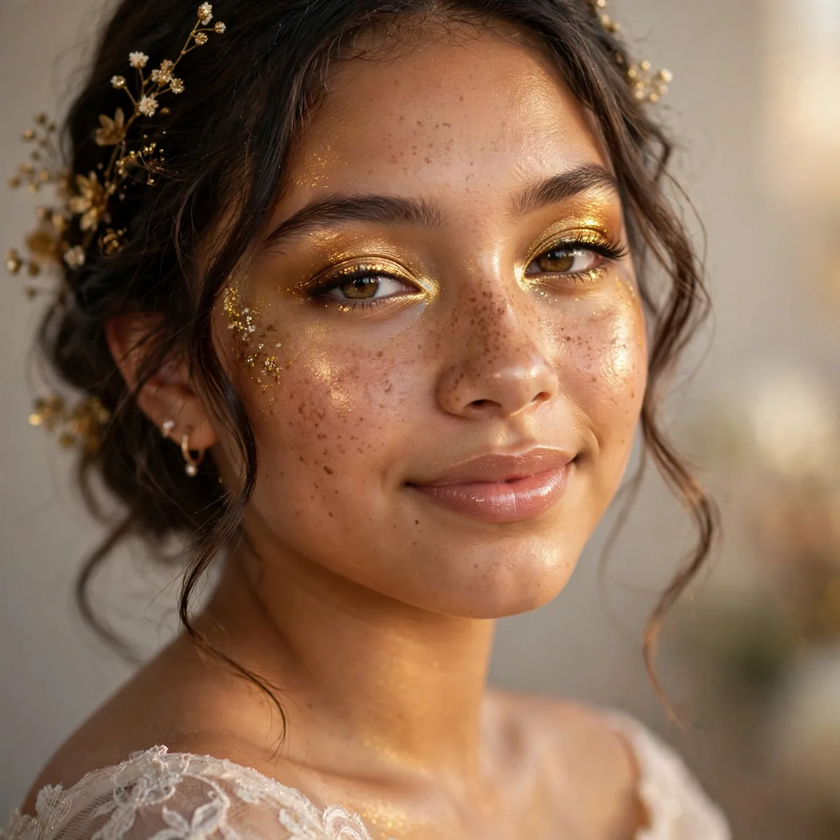 Golden glowing makeup giving quinceanera birthday girl radiant skin