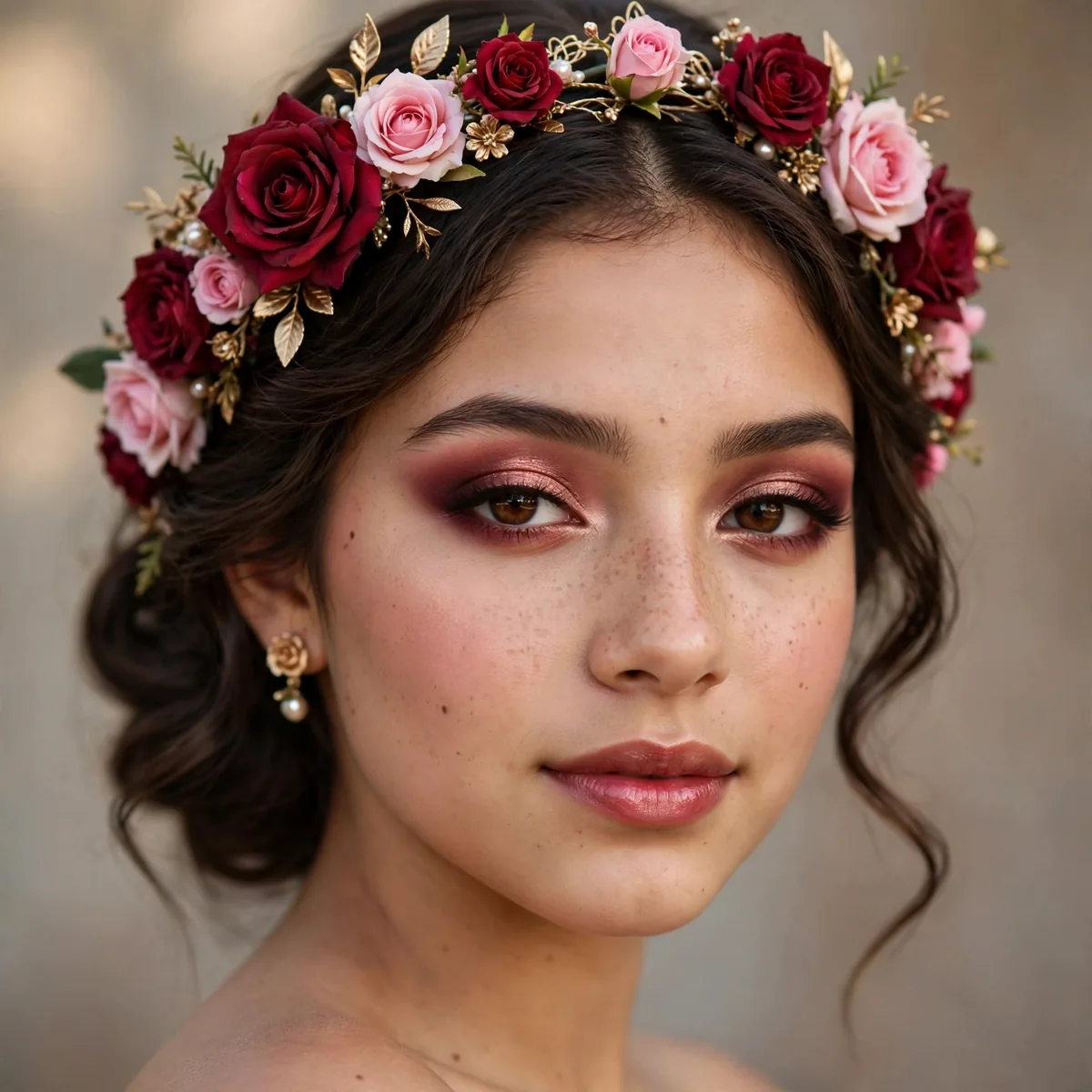 Royal rose makeup giving quinceanera a regal romantic look