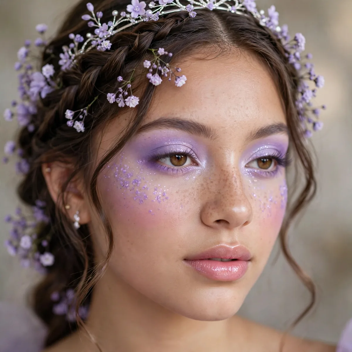 Dreamy lavender makeup giving quinceanera an ethereal princess look
