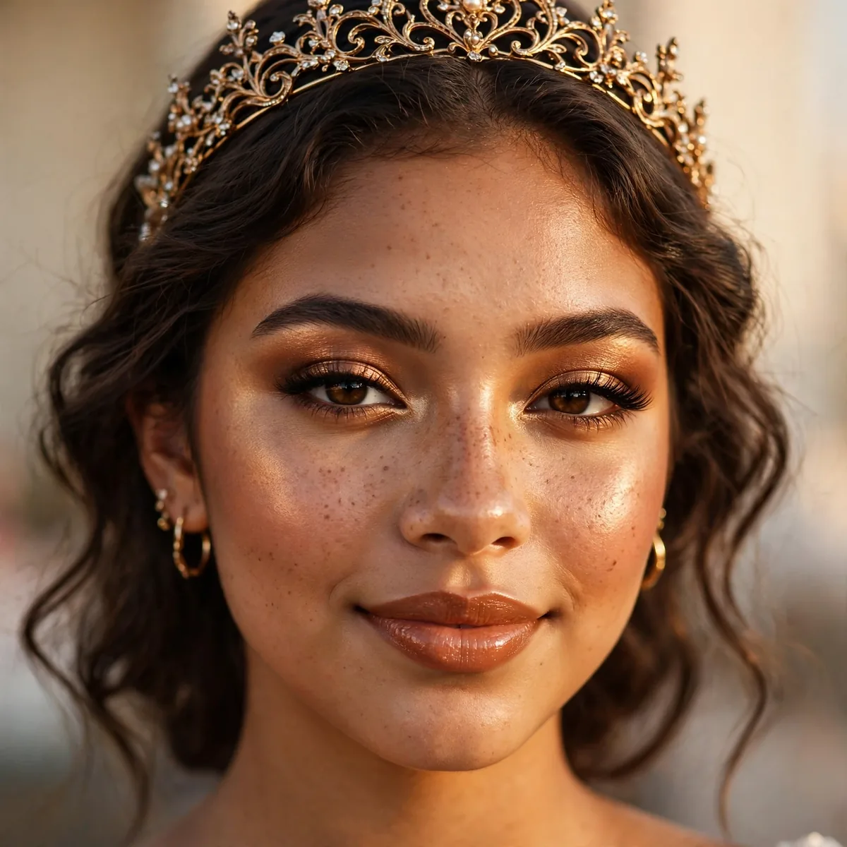 Bronze goddess makeup giving quinceanera a warm radiant glow