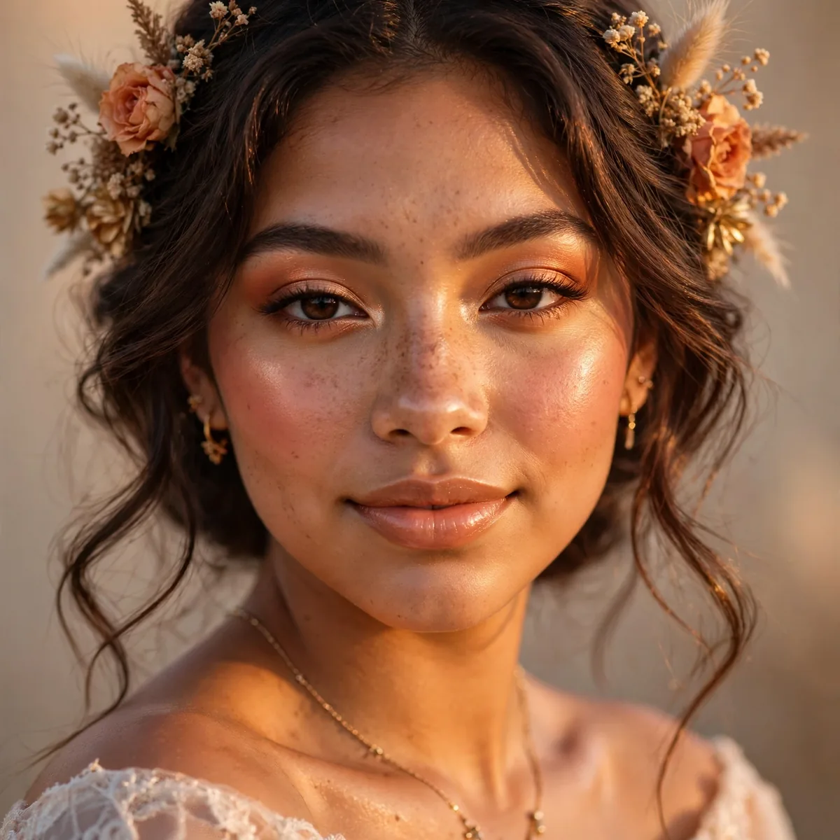 Warm sunset glow makeup giving quinceanera a radiant evening look